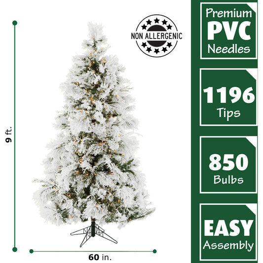 Fraser Hill Farm - 9-Ft. Flocked Snowy Pine Christmas Tree with Warm White LED String Lighting