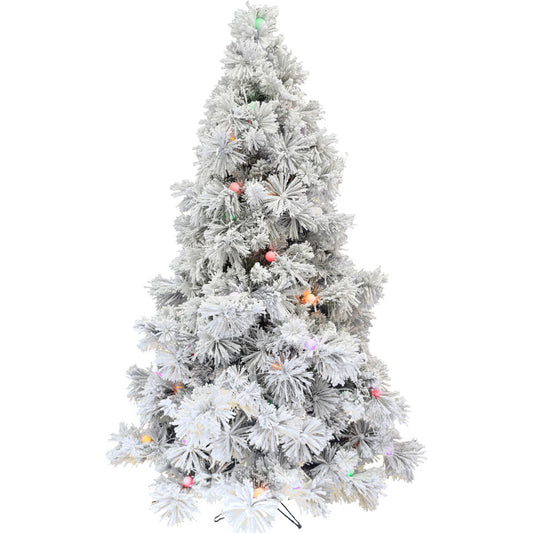 Fraser Hill Farm - 6.5-Ft. Flocked Snowy Pine Christmas Tree with Colorful G40 LED Light Bulbs