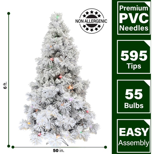 Fraser Hill Farm - 6.5-Ft. Flocked Snowy Pine Christmas Tree with Colorful G40 LED Light Bulbs