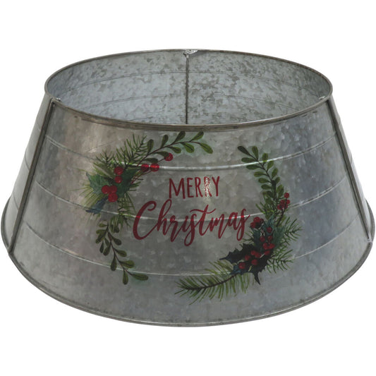 Fraser Hill Farm - Metal Christmas Tree Collar with Merry Christmas Greeting and Galvanized Finish