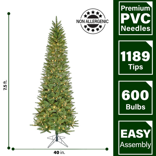 Fraser Hill Farm - 7.5-Ft. Winter Falls Slim-Silhouette Christmas Tree with 8-Function Warm White LED Lighting and EZ Connect