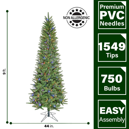 Fraser Hill Farm - 9-Ft. Winter Falls Slim-Silhouette Christmas Tree with 8-Function Multi-Color LED Lighting, Music, and EZ Connect