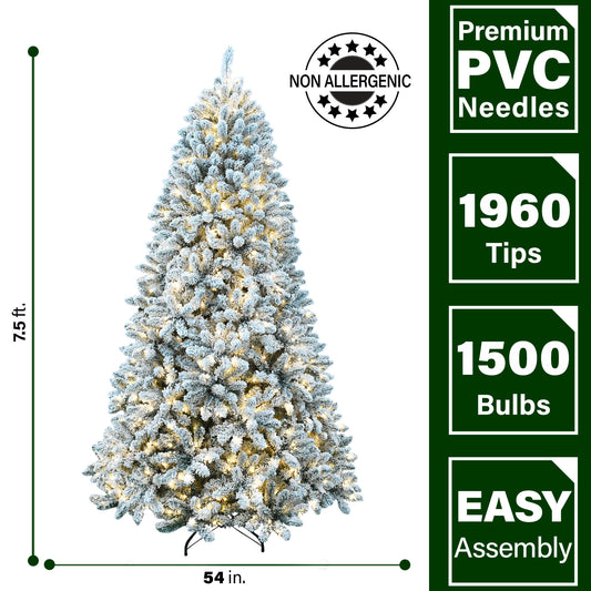 Fraser Hill Farm - 7.5-Ft. Flocked Winter Snow Pine Christmas Tree with Warm White LED Lighting
