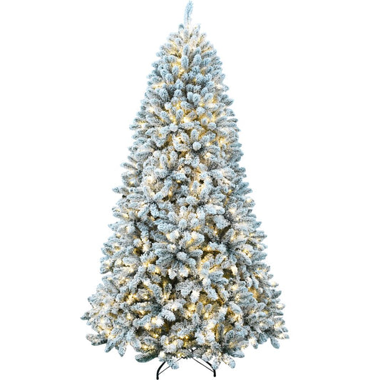 Fraser Hill Farm - 9-Ft. Flocked Winter Snow Pine Christmas Tree with Warm White LED Lighting