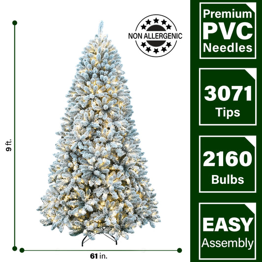 Fraser Hill Farm - 9-Ft. Flocked Winter Snow Pine Christmas Tree with Warm White LED Lighting