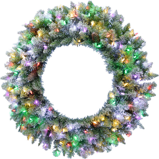 Fraser Hill Farm - 48-inch Frosted Pine Wreath Door Hanging with Pinecones with Multi-Color LED Lighting