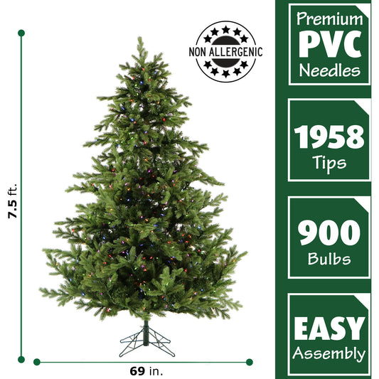 Fraser Hill Farm - 7.5-Ft. Woodside Pine Christmas Tree with Multi-Color LED Lighting, EZ Connect, and Remote Control