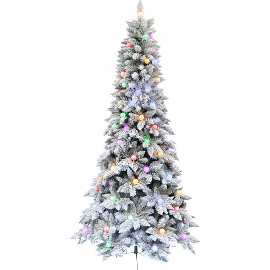 Fraser Hill Farm - 6.5-Ft. Slim White Tail Pine Snow-Flocked Christmas Tree with Colorful G40 Bulbs