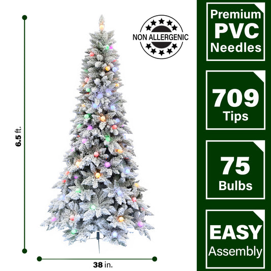Fraser Hill Farm - 6.5-Ft. Slim White Tail Pine Snow-Flocked Christmas Tree with Colorful G40 Bulbs