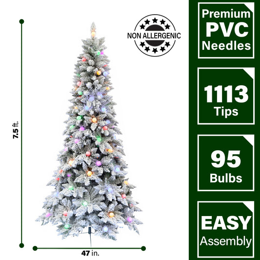 Fraser Hill Farm - 7.5-Ft. Slim White Tail Pine Snow-Flocked Christmas Tree with Colorful G40 Bulbs