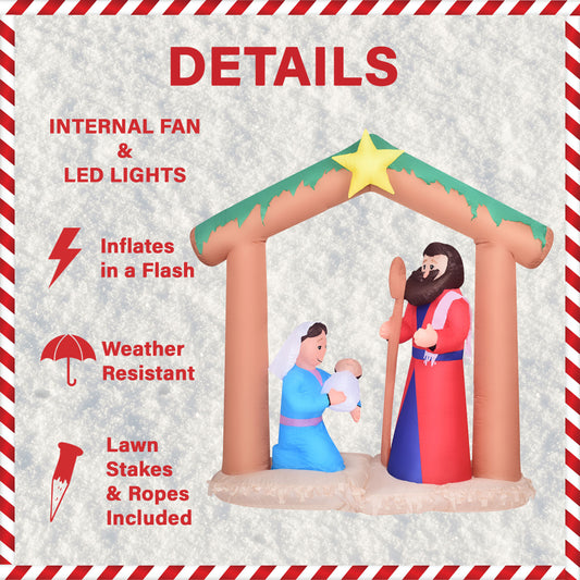 Fraser Hill Farm - 7-Ft. Wide Pre-Lit Nativity w/ Mary, Joseph, and Baby Jesus, Blow-Up Christmas Inflatable w/ Lights and Storage Bag