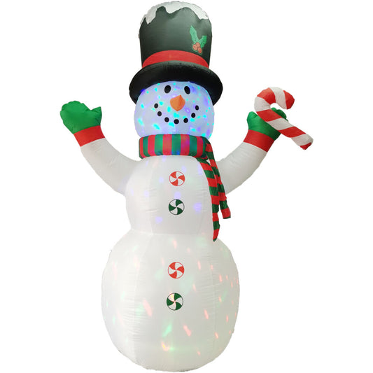 Fraser Hill Farm - 8-Ft. Pre-Lit Multi-Color inflatable Snowman with Peppermint Buttons and Candy Cane
