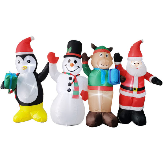 Fraser Hill Farm - 4-Ft. Tall Pre-Lit Inflatable Penguin, Snowman, Reindeer, and Santa Friends