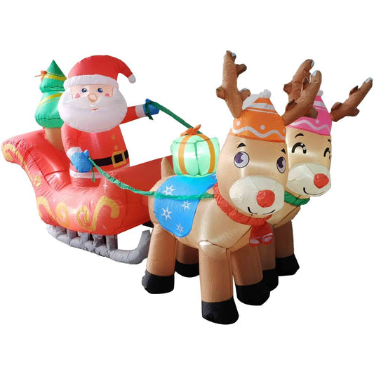 Fraser Hill Farm - 7-Ft. Pre-Lit Inflatable Santa Sleigh and Reindeer
