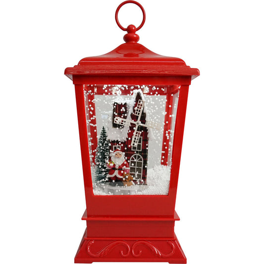 Fraser Hill Farm - Let It Snow Series 15.5-In. Musical Tabletop Lantern with Santa and Windmill Scene, Cascading Snow, and Christmas Carols, Red
