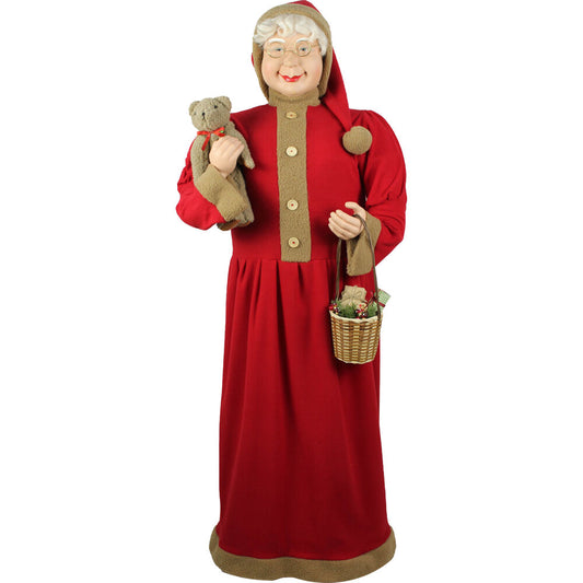 Fraser Hill Farm - Life-Size Indoor Christmas Decoration, 5-Ft. Standing Mrs. Claus Holding Bear & Basket Wearing Red Plush Dress w/ Sherpa Trim
