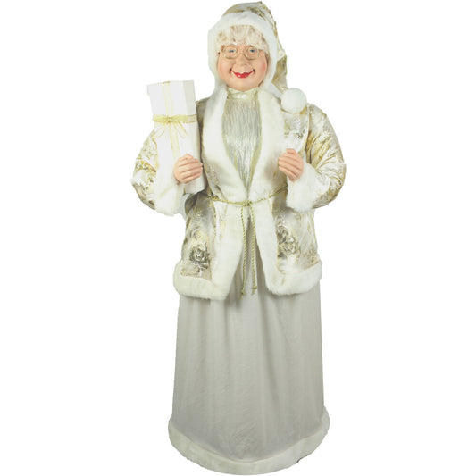 Fraser Hill Farm - Life-Size Indoor Christmas Decoration, 5-Ft. Standing Mrs. Claus Holding a Gift & Wearing a Gold Brocade Jacket w/ Fur Trim
