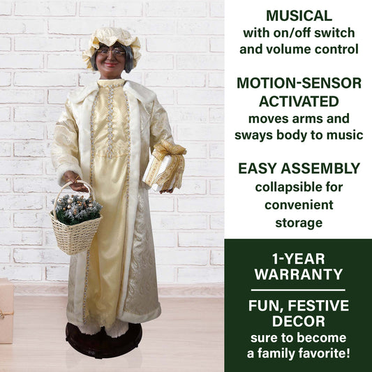 Fraser Hill Farm - 58-In. African American Dancing Mrs. Claus with Gift and Basket, Life-Size Motion-Activated Christmas Animatronic