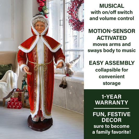 Fraser Hill Farm - 58-In. Dancing Mrs. Claus with Hooded Cloak and Faux Lantern, Life-Size Motion-Activated Christmas Animatronic