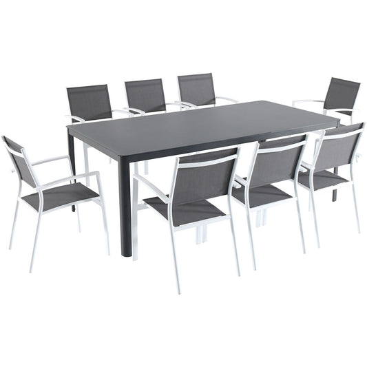 Hanover - Fresno 7-Piece Outdoor Dining Set With 8 Aluminum Sling Chairs, 82x43" Glass Top Table - Glass/White - FRESDN9PC-WHT
