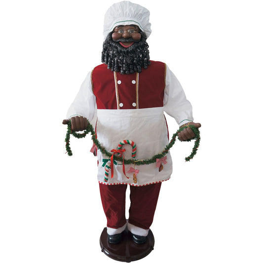 Fraser Hill Farm - 58-In. African American Dancing Santa w/ Apron and Christmas Cookie Garland, Life-Size Motion-Activated Christmas Animatronic