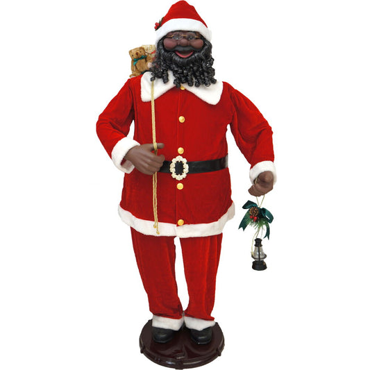 Fraser Hill Farm - 58-In. African American Dancing Santa with Toy Sack and Faux Lantern, Life-Size Motion-Activated Christmas Animatronic