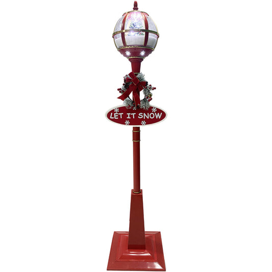 Fraser Hill Farm - Let It Snow Series 69-In. Musical Snow Globe Lamp Post w/ Christmas Tree, 2 Signs, Cascading Snow, Holiday Music, Red