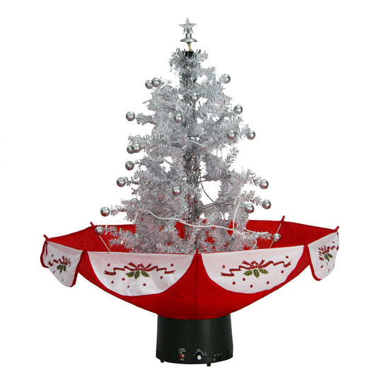 Fraser Hill Farm - Let It Snow Series 29-In. Silvery White Snowy Tree with Red Umbrella Base, Snow Function, Music, Decorations, and Lights