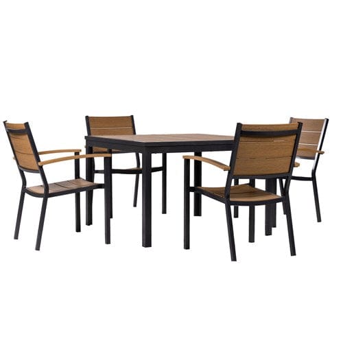Hanover Accessories Asher5pc Dining Set: 4 Faux Wood Aluminum Chairs and 43" Slat Table - Brown/Grey