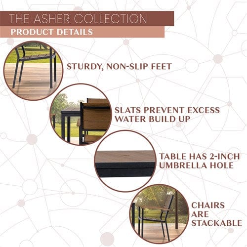 Hanover Accessories Asher5pc Dining Set: 4 Faux Wood Aluminum Chairs and 43" Slat Table - Brown/Grey