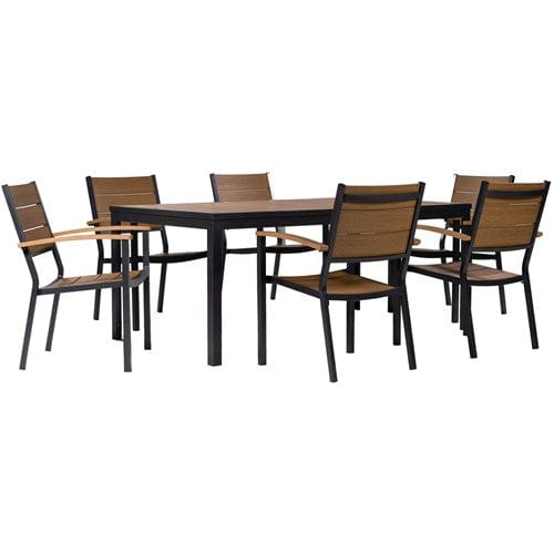 Hanover Accessories Asher7pc Dining Set: 6 Faux Wood Aluminum Chairs and 71"x40" Slat Table - Brown/Grey