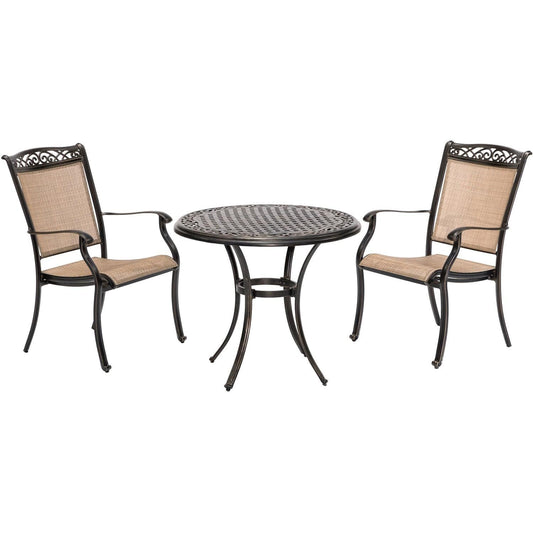 Hanover Bistro Set Hanover Fontana 3-Piece Bistro Set with 2 Sling Chairs and a 32-In. Cast-Top Table | FNTDN3PCC