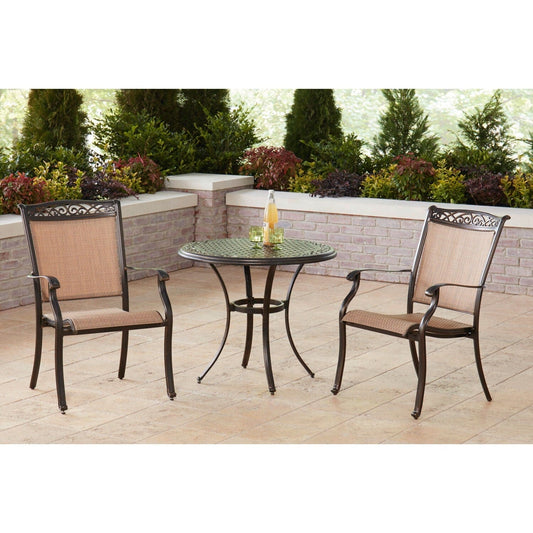 Hanover Bistro Set Hanover Fontana 3-Piece Bistro Set with 2 Sling Chairs and a 32-In. Cast-Top Table | FNTDN3PCC