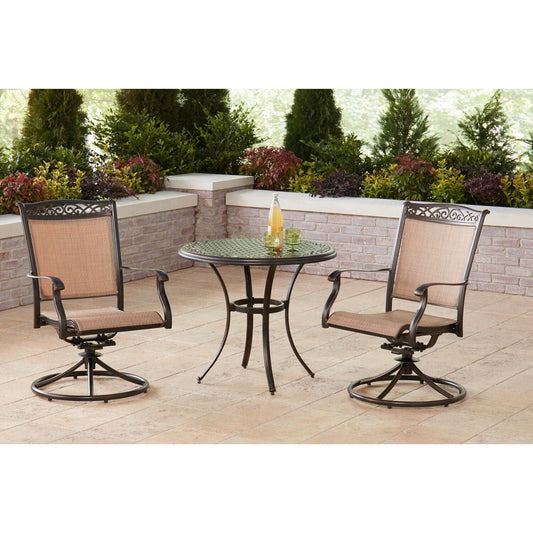 Hanover Bistro Set Hanover Fontana 3-Piece Bistro Set with 2 Sling Swivel Rockers and a 32-In. Cast-Top Table | FNTDN3PCSWC