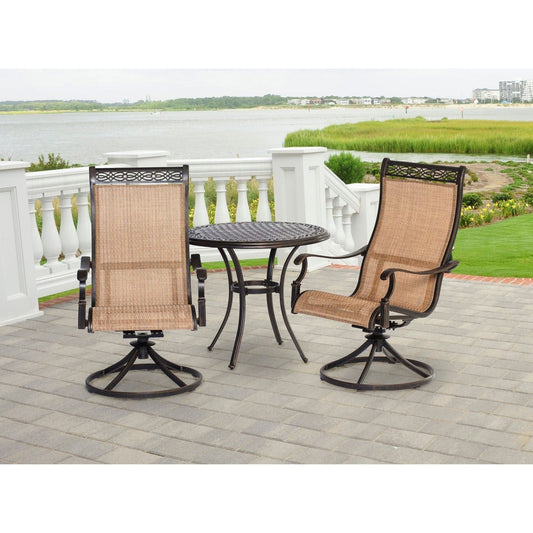 Hanover Bistro Set Hanover Manor 3-Piece Bistro Dining Set - 2 Sling Swivel Rockers, 32" Cast Table - Tan Sling/Cast - MANDN3PCSW-BS