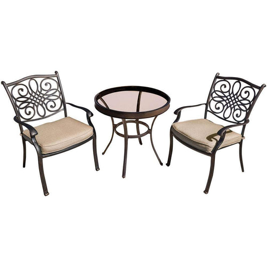 Hanover Bistro Set Hanover Traditions 3-Piece Bistro Set in Tan with 30 in. Glass-Top Table