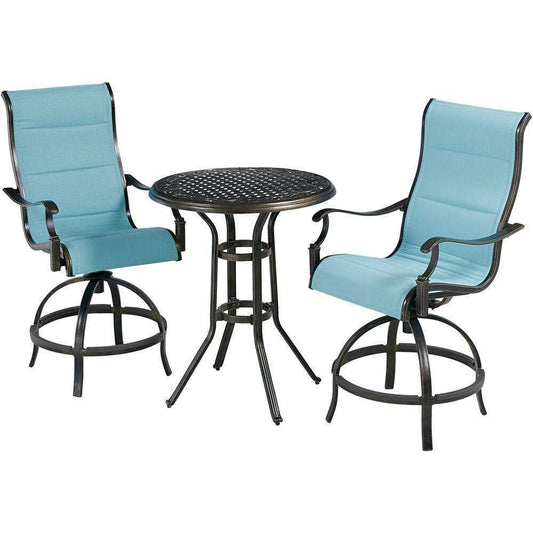 Hanover Bistro Set Hanover Traditions 3-Piece High-Dining Bistro Set in Blue with 2 Padded Swivel Counter-Height Chairs and 30-in. Cast-top Table - TRADDN3PCPDBR-BLU