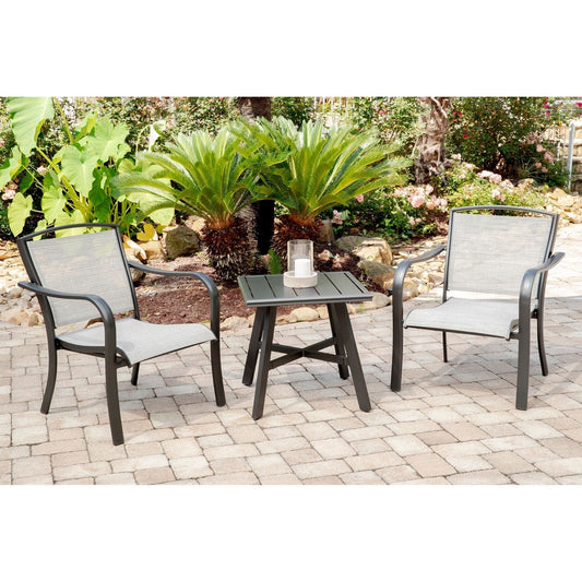 Hanover Conversation Set Foxhill 5-Piece Commercial-Grade Patio Seating Set with 2 Sling Chairs, Sling Loveseat, Slat Coffee Table, and 22" Side Table | FOXHILL5PC-GRY
