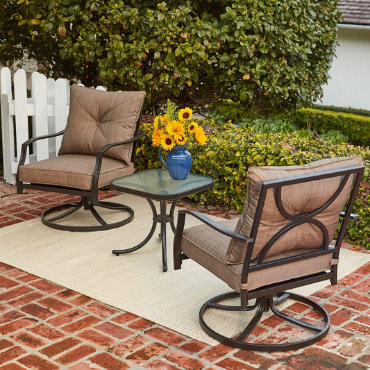 Hanover Conversation Set Hanover - 3 Piece Seating Set | 2 steel swivel rockers | Glass side table | Steel/Tan | PALMBAY3PC-TAN