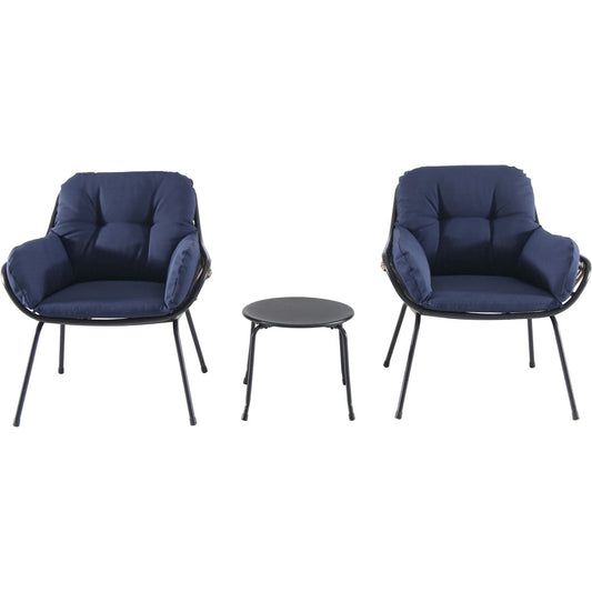 Hanover Conversation Set Hanover Naya 3-Piece Chat Set with Navy Blue Cushions | 2 Steel side chairs | Accent table - Steel/Navy | NAYA3PC-NVY
