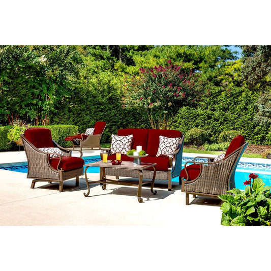 Hanover Conversation Set Hanover Ventura 4-Piece Patio Set | Sofa, 2 glide chairs, ceramic tile coffee table | Brown/Crimson Red | VENTURA4PC-RED