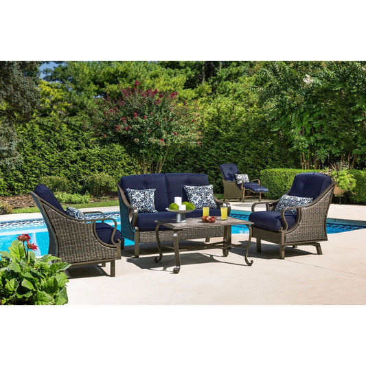 Hanover Conversation Set Hanover Ventura 4-Piece Patio Set | Sofa, 2 glide chairs, ceramic tile coffee table | Brown/Navy | VENTURA4PC-NVY