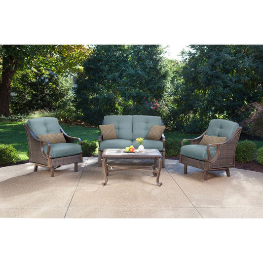 Hanover Conversation Set Hanover Ventura 4-Piece Patio Set | Sofa, 2 glide chairs, ceramic tile coffee table | Brown/Ocean Blue | VENTURA4PC-BLU