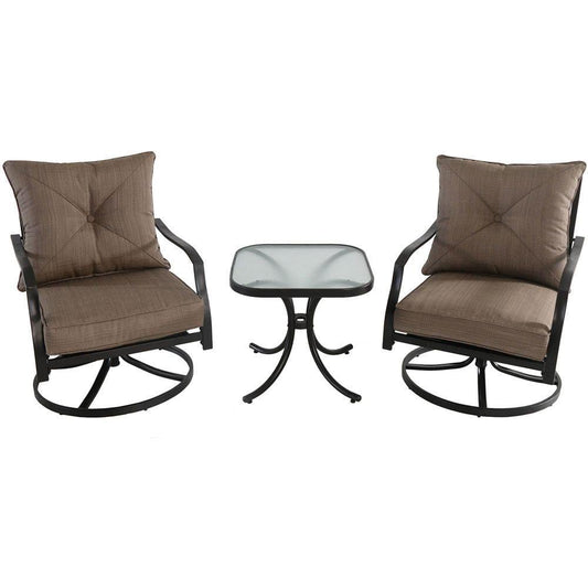 Hanover Deep Seating Hanover - 3pc Seating Set: 2 steel swivel rockers, glass side table