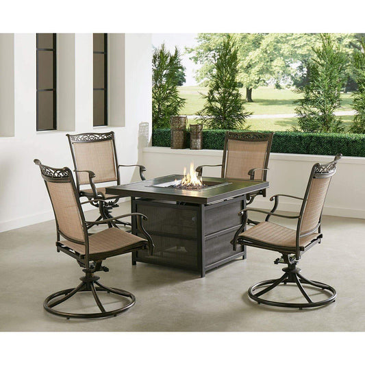 Hanover Fire Pit Chat Set Hanover - Fontana 5 Piece Fire Pit: 4 Sling Swivel Rockers, 38" Square Slat Top Fire Pit