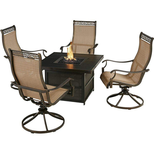 Hanover Fire Pit Chat Set Hanover - Monaco5pc Fire Pit: 4 Sling Swivel Rockers, 38" Square Slat Top Fire Pit