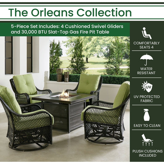 Hanover Fire Pit Chat Set Hanover Orleans 5-Piece Deep Seating Set with 4 Cushioned Swivel Gliders in Green and 38-in. 30,000 BTU Slat-Top Gas Fire Pit Table