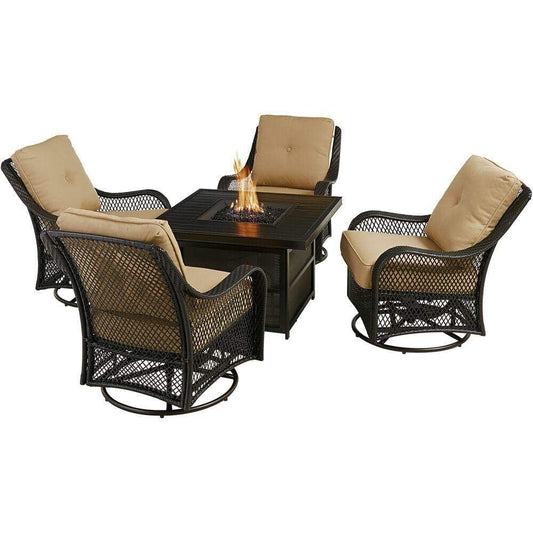 Hanover Fire Pit Chat Set Hanover Orleans 5-Piece Deep Seating Set with 4 Cushioned Swivel Gliders in Tan and 38-in. 30,000 BTU Slat-Top Gas Fire Pit Table