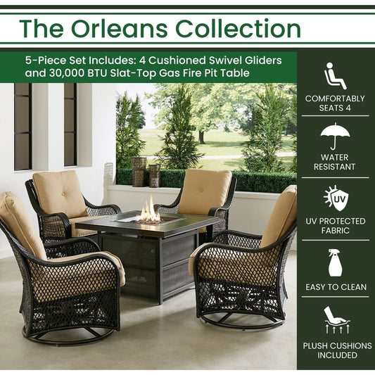 Hanover Fire Pit Chat Set Hanover Orleans 5-Piece Wicker Deep Seating Set with 4 Cushioned Swivel Gliders in Tan and 38-in. 30,000 BTU Slat-Top Gas Fire Pit Table | ORL5PCSLSW4FP-TAN