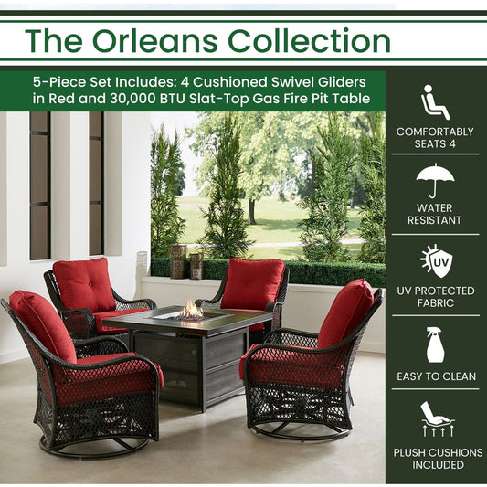 Hanover Fire Pit Chat Set Hanover Orleans 5-Piece Wicker Deep Seating Set with Four Cushioned Swivel Gliders in Red and 38-in. 30,000 BTU Slat-Top Gas Fire Pit Table | ORL5PCSLSW4FP-BRY